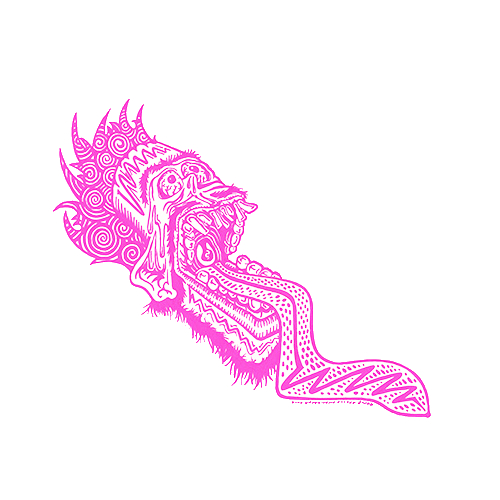 A cartoon and griffiti style illustration of a pink melting face with its mouth open and tongue hanging out. Inspired by eighties and nineties skate art. By Brilliant Input/Output System