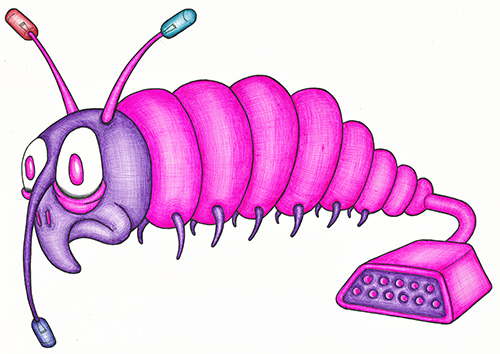Cartoonish drawing created using only biro pens. A sad pink and purple caterpillar with a VGA style socket for a tail and LED lights for antennae. By Brilliant Input/Output System