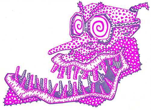 Drawing in a cartoon style. A stylised face of a man wearing glasses with his mouth open using pinks and purples. Drawn by Brilliant Input/Output System